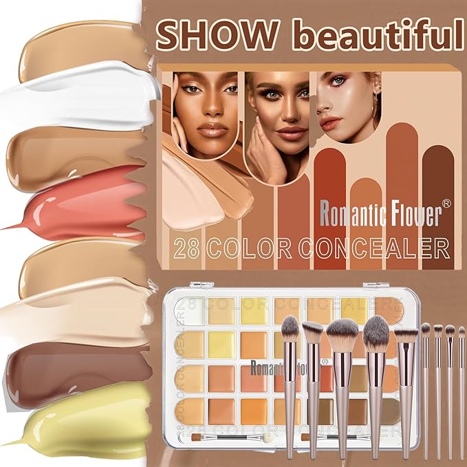 Professional 28 Colors Cream Concealer Camouflage Makeup Palette Contouring Kit, 10 Makeup Brushes, Face Eye Body Cosmetic Foundation, Contour, Repairs Redness, Dull, Dark Circles