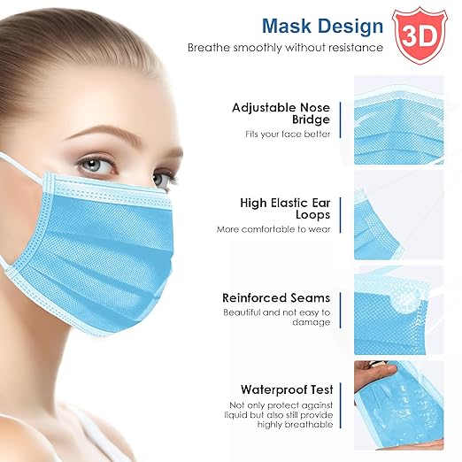 NNPCBT Blue Disposable Face Masks 125 Pack,3-Ply Breathable Mask For Adults,Great For Outdoors,Home, Office, School