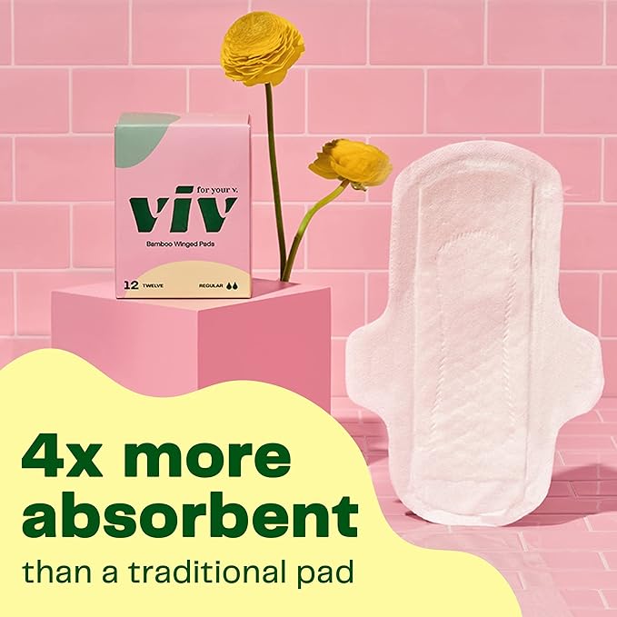 Viv for Your V Bamboo Organic Pads for Women | Soft, Thin, Absorbent Sanitary Pads with Wings | Unscented, Earth-Friendly | Postpartum Gift for Mom | Regular Absorbency (12 Pack)