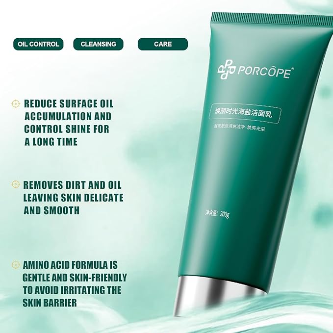 PORCOPE Gentle Moisturizing Cleanser with Amino Acids and Sea Salt Effective Oil Control for Oily and Sensitive Skin,Deep Cleans Pores, Makeup Remover and Skincare Two-in-One Daily Face Wash (200g)