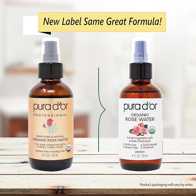 PURA D'OR 4 Oz Organic Rose Water Toner - USDA Certified 100% Pure Full Skin Hydration, Control Excess Oils- Cleanses & Softens - Promotes Healthy Skin - for All Skin Types (Packaging May Vary)