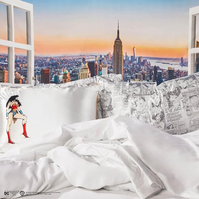 Kitsch Wonder Woman (Comic) Satin Pillowcase with Zipper Softer Than Silk, Luxury Cooling Pillowcase for Hair & Skin, Wrinkle Prevention, King Size (19X36)