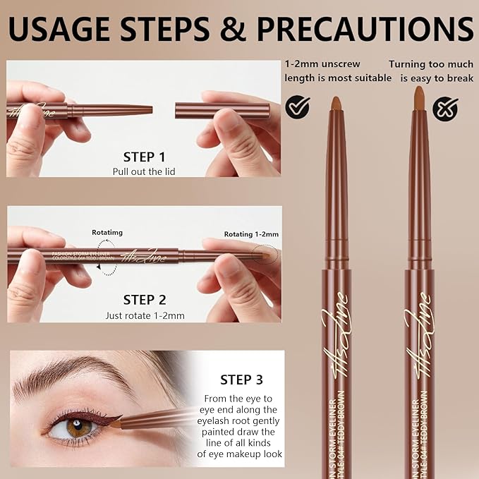 Noerrors 3Colors Brown Retractable Gel Eyeliner Set, Waterproof Silky Smooth Easy to Color Creamy Matte Eyeliner Pencil for Women, Long Wear Smudge Proof Eye Makeup Pen for Mature Eye with Sharpener