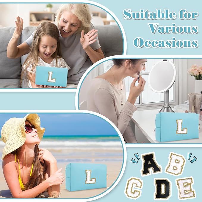 Small Personalized Initial A-Z Preppy Patch Makeup Bag,PU Chenille Letter Travel Cosmetic Pouch with Zipper,Blue Cute Toiletry Bag,Gift Ideal for Teen Girls Women Teacher Bridesmaid,Letter L