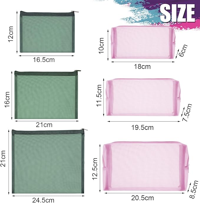 6 Pieces Mesh Makeup Bags Mesh Cosmetic Bag Portable Travel Organizing Zipper Pouch Toiletries Makeup Pouches for Home Office Travel Accessories