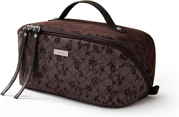 EACHY Travel Makeup Bag, Large Toiletry Bag for Women, Flat-Opening Organizer Pouch with Compartments