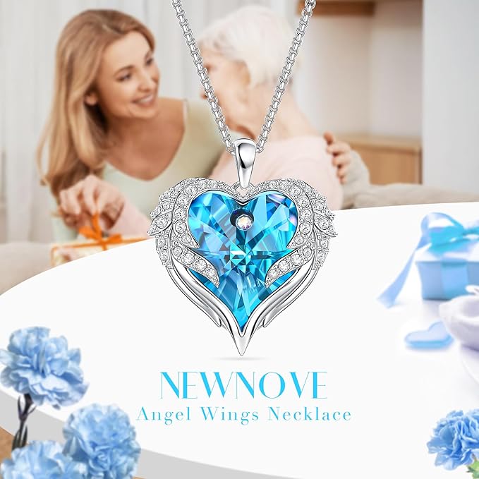 Preserved Real Light Blue Rose with Angle Wings Necklace, Forever Flowers Gifts for Mom Grandma Wife Girlfriend at Christmas Valentines, Anniversary Birthday Gifts for Women, I Love You Gifts for Her