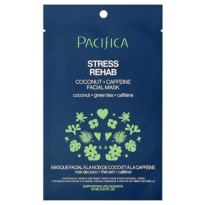 Pacifica Sheet Mask - Skin Rehab Coconut & Caffeine Facial Mask - Sheet Mask for Redness & Puffiness, Infused w/Green Tea, Turmeric & Hyaluronic Acid, Vegan & Cruelty-Free Skincare