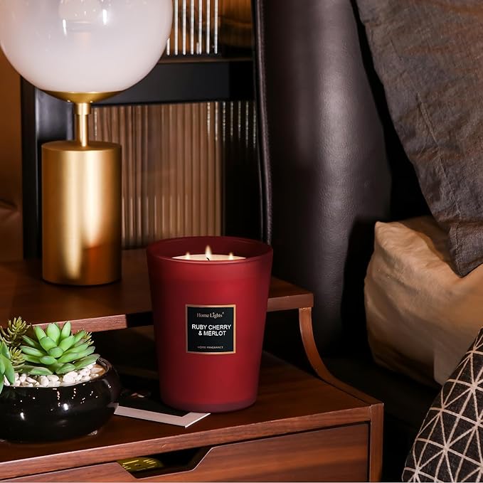 HomeLights Scented Candles - Large Jar Aromatherapy, Natural Soy Wax, 130 Hour Long Burning, Ruby Cherry & Merlot