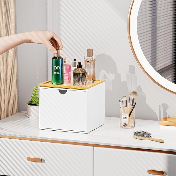 VITVITI Drawer Disposable Face Towel Holder Box, Acrylic Facial Towel Container for XL Clean Skin Club, Large Disposable Face Towels Storage with Bamboo Lid, for Bathroom, Vanity Makeup, White