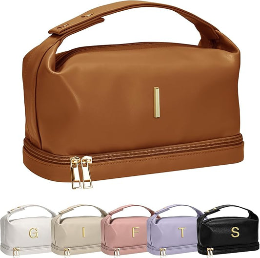 Trendy Gifts for Women, Personalized Makeup Bag with Handle, Initial Double Layer Cosmetic Bag with Makeup Brush Organizer, Cute Cosmetic Pouch for Women, Gifts for 20 Year Old Female