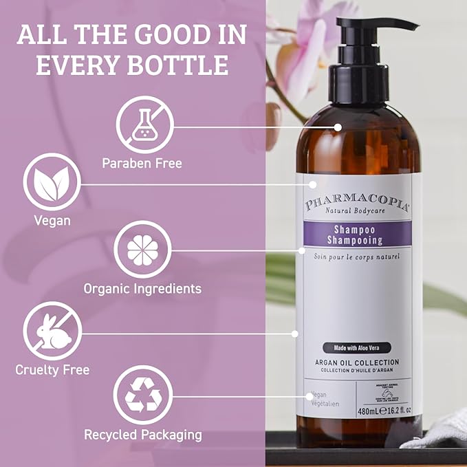 Pharmacopia Hotel Argan Oil Shampoo – Natural Hair Care with Plant Based & Organic Ingredients - Aloe Vera wtih Green Tea and Melon Essence - Vegan, Cruelty Free, No Paraben, 16.2 oz