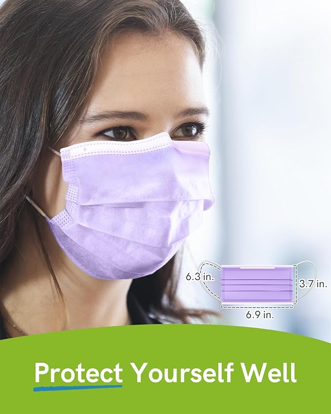 FriCARE Disposable Face Masks, 3-Ply ASTM Level 3 Medical Grade, FSA/HSA Eligible, Breathable & Comfortable for Allergy/Sun Protection, 50 Pack Purple
