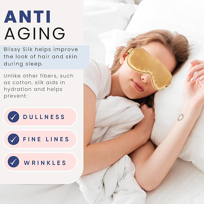 Blissy Silk Sleep Mask - Silk Eye Sleeping Mask for Women & Men for Total Blackout - 100% Pure Mulberry Silk, 22 Momme 6a Fibers - Blindfold Silk Sleep Mask Side Sleeper Eye Cover (Gold)