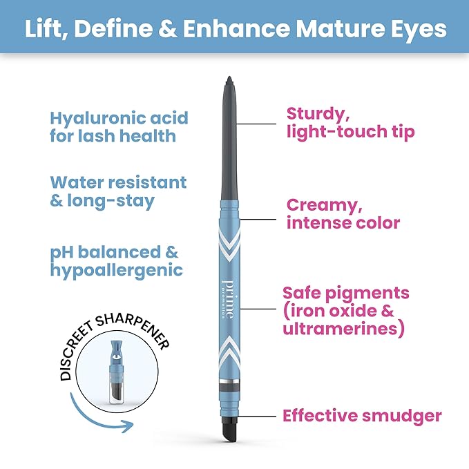 PrimeEyes Glide Eyeliner for Mature Women – Waterproof, Long-Stay and Mess-Proof – Gel Creme Texture, Discreet Sharpener and Effective Smudger (Golden Metallic)