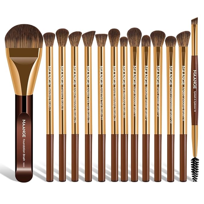 MAANGE 14-Piece Makeup Brush Set with Aluminum Ferrule- Premium Synthetic Makeup Brushes Kit Foundation Brush Eye Shadow for Beginners & Professionals(Gold Coffe)