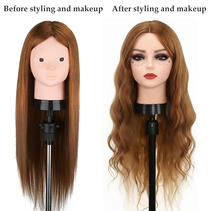 Beauty Star Mannequin Head with 80% Real Human Hair, Manikin Doll Head for Hair Styling, Cosmetology Makeup Hairdressing Training Practice Head with Clamp Stand and DIY Hair Styling Braiding Set