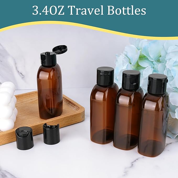 Cosywell Travel Shampoo Bottles 4pcs 3.4oz TSA Approved Travel Size Bottles for Toiletries Leak Proof Empty Lotion Containers with Flip Cap Small Plastic Squeeze Bottles, Amber