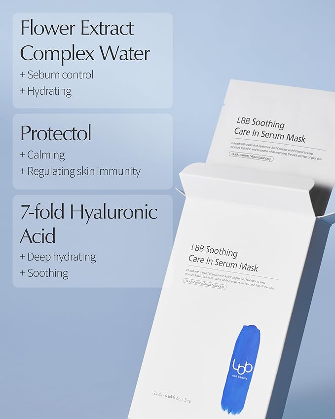 LBB Soothing Care In Serum Mask - Hypoallergenic Face Mask Sheet for Calming, Moisturizing - Vegan Paper Mulberry Sheet - Protectol, Hyaluronic Acid, 5 Sheet