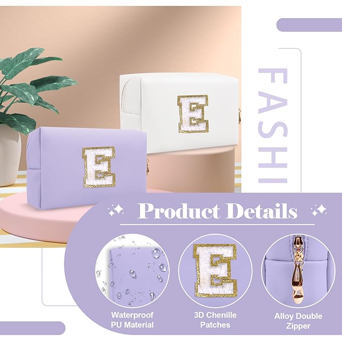 Personalized Makeup Bag Initial A-Z Preppy Patch Bag,Small PU Leather Travel Cosmetic Bag Pouch with Zipper,Purple Cute Toiletry Bag,Gift Ideal for Teen Girls Women Birthday Friend Mom,Latter E
