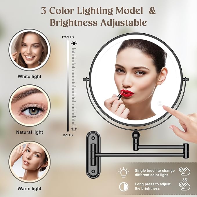 9" Wall Mounted Makeup Lighted Mirror, 4000mAh Rechargeable Double Sided LED Vanity Mirror with Height Adjustable&1X/10X Magnification, 3 Color Lights Touch Screen Dimmable 360°Swivel Bathroom Mirror