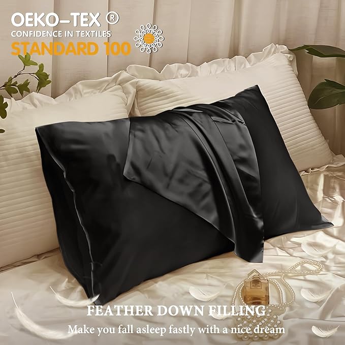 BHZ Satin Goose Down Feather Pillows King Size with Black Satin Pillowcase for Hair and Skin, Cooling Pillow Cases Similar to Silk Pillow Cases, Christmas Decorative Gifts for Women, Mom Men