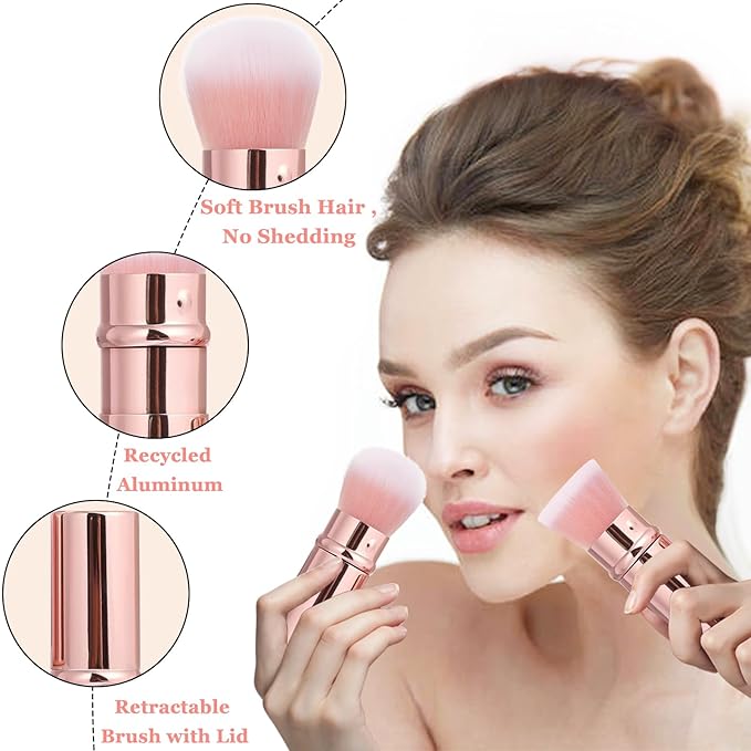 Makeup Brush 2 Pack, Retractable Travel Kabuki Powder Foundation Makeup Brush Face Blush Brushes for Blending Liquid, Blush, Bronzer, Buffing, Sunscreen,Flawless Cosmetics