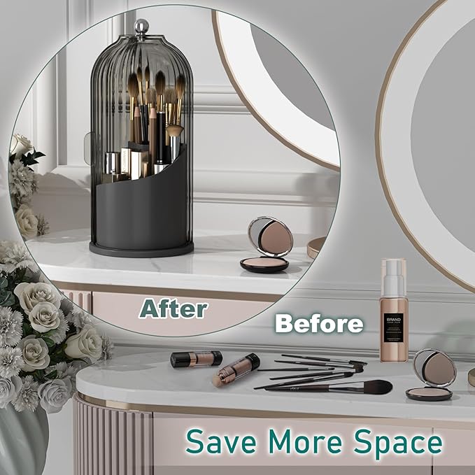 GAXmi Makeup Brush Holder with Lid Cosmetic Tools Organizer 360 Rotating Waterproof Dustproof Beauty Brushes Storage for Vanity, Black-Grey