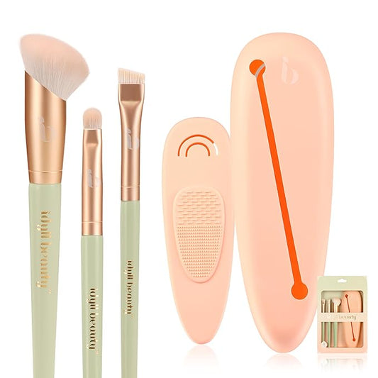 Travel Makeup Brush Set 4 Pcs, Silicon Portable Cosmetic Brush with Pouch, Beginner Friendly, for Foundation Blending Concealers Face Eyeliner Blush Makeup Brushes Kit