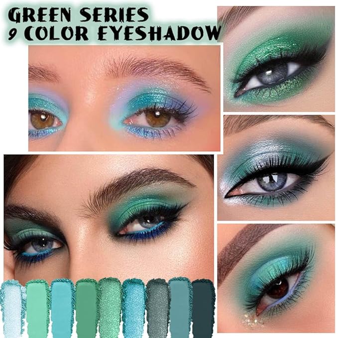 9Colors Green Avocado Color Colorful Bright Eyeshadow Palette Makeup,Matte Sparkle Eye Shadow Palette Long Lasting Waterproof,Emerald Bright Eyeshadow Palette