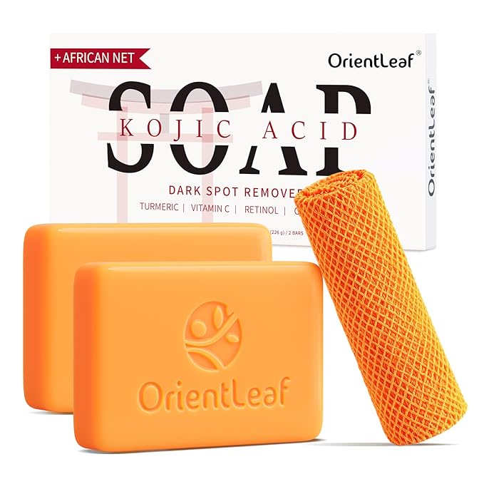 Kojic Acid Soap with African Sponge Net, 4oz Turmeric Soap Bar, Fresh Citurs Scent, Gentle for Face and Body Wash with Vitamin C, Retinol (2 Pack)