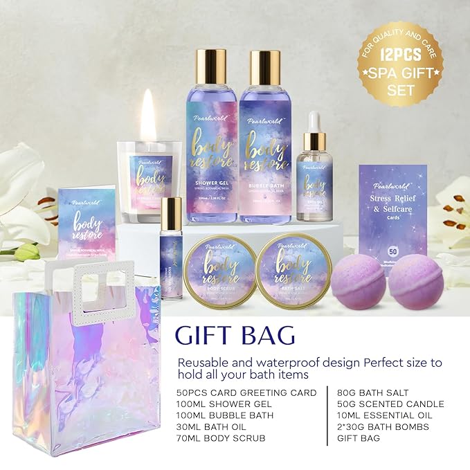 Spa Kit for Women, 12 Pcs Luxury Bath Skin Care Shower Bath Set, Spa Gift Sets with Reusable Bag, Bath Bomb, Christams Birthday Gifts for Teen Girls, Her, Mom