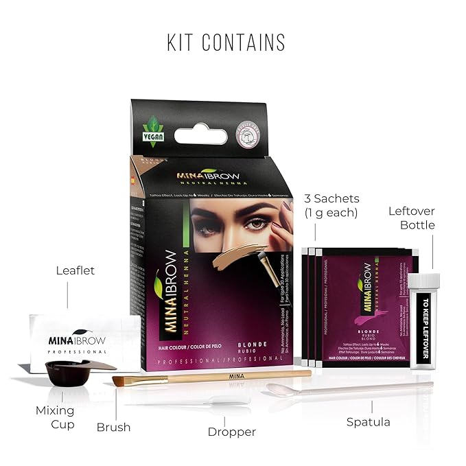 MINA iBrow Henna Hair Color Professional Tint Kit with Brush Combo Pack | Covers Gray Hair-Lasts up to 6 weeks | No Ammonia No Lead | Vegan & Cruelty Free | up to 30 Applications (Blonde)