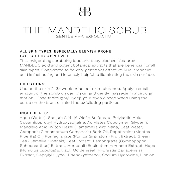 Biba De Sousa The Mandelic Scrub - Gentle AHA Exfoliation - Invigorating Daily Facial Cleanser For All Skin Types - (8 oz)