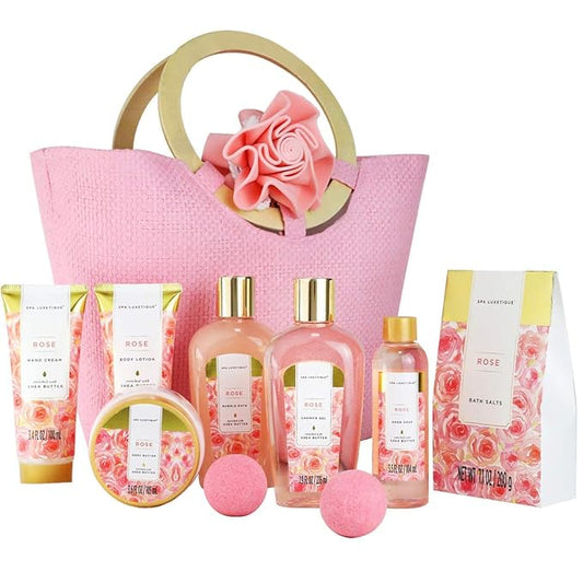 Spa Luxetique Spa Gift Set, Bath Gift Set for Women, 10 Pcs Rose Bath Set, Pink Tote Gift Bag with Shower Gel, Bubble Bath, Body Lotion, Hand Cream, Beauty Gifts for Women