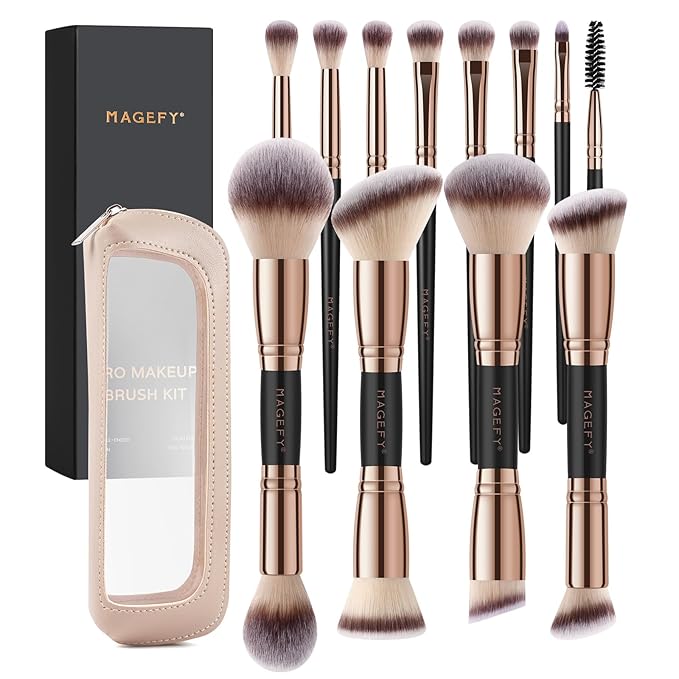 MAGEFY Makeup Brushes 12Pcs with Bag, Double-End Multi-functional for Foundation Powder Blush Eyeliner Eyeshadows brushes with Gift Box,Blackgold