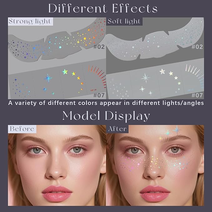 10pcs Holographic Chameleon Silver Glitter Freckles Face Tattoo Set, Color Shift Waterproof Sparkle Face Speckles Patches for Women, Cute Star Temporary Tattoo Fairy Makeup Rave Accessories