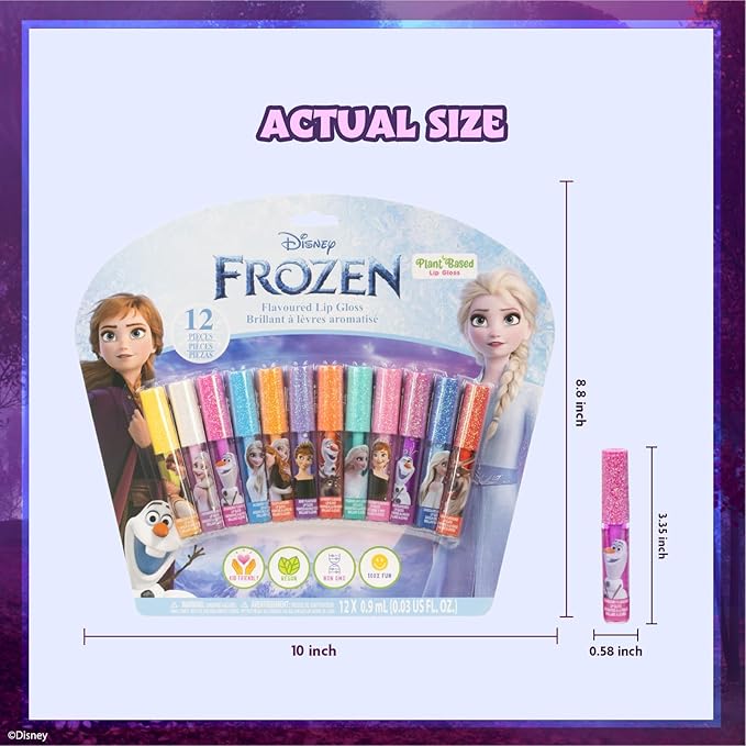 Townley Girl Disney Frozen 12 Piece Plant Based Lip Gloss, Girls Party Favors, First Makeup Set for Girl, Perfect for Parties, Sleepovers, and Birthday Gifts, Elsa and Anna, Ages 3 (Pack of 2)