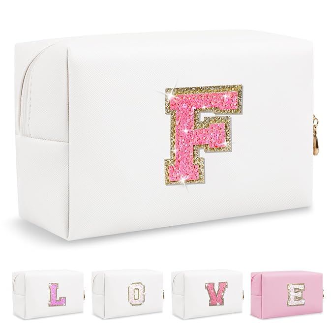 Small Personalized Initial A-Z Patch Makeup Bag,White Cute PU Leather Glitter Letter Cosmetic Bag for Teen Girls,Travel Toiletry Bag with Zipper,Preppy Monogrammed Birthday Gift for Daughter Niece F