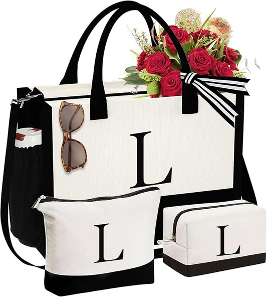 YOOLIFE Initial Canvas Tote Bag & Makeup Bag, Birthday Gifts for Women Mom Sister Friends, Bridesmaid Wedding Gifts