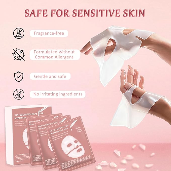 8 Pcs Collagen Real Deep Mask, Collagen Face Mask Overnight, Deep Hydrating, Anti Wrinkle Firming Lifting, Pore Minimizing, Elasticity Improvement, for All Skin Types, Gifts for Women