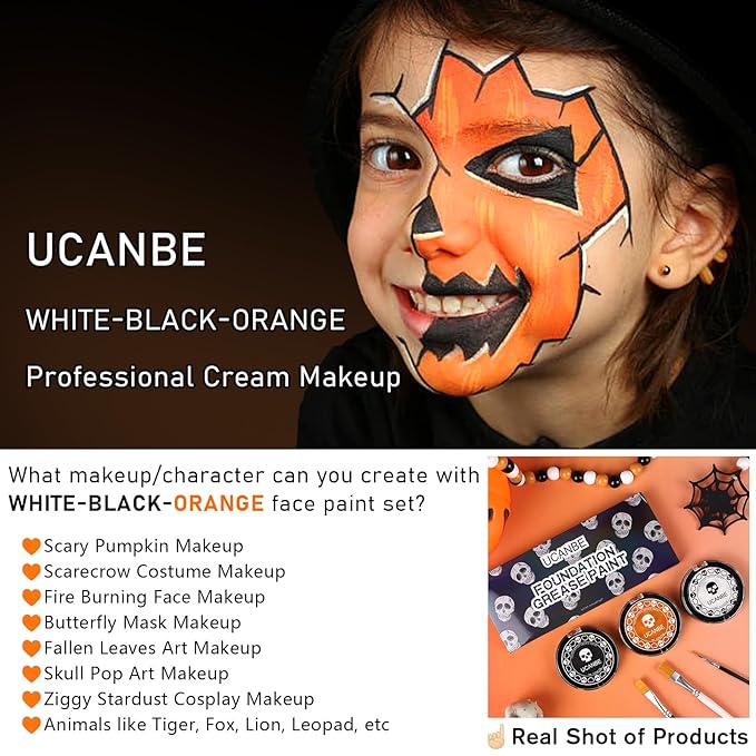 White Foundation + Black Orange Face Body Paint with Brushes for Halloween Pumpkin Clown Makeup, Non Toxic Face Painting Kit Facepaints Set for Kids Adults Party Scarecrow Tiger SFX Cosplay Make Up
