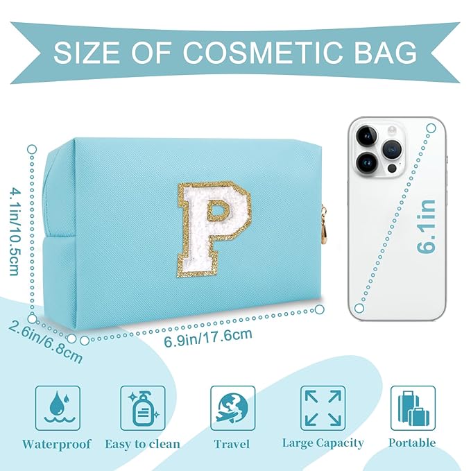 Small Personalized Initial A-Z Preppy Patch Makeup Bag,PU Chenille Letter Travel Cosmetic Pouch with Zipper,Blue Cute Toiletry Bag,Gift Ideal for Teen Girls Women Teacher Bridesmaid,Letter P