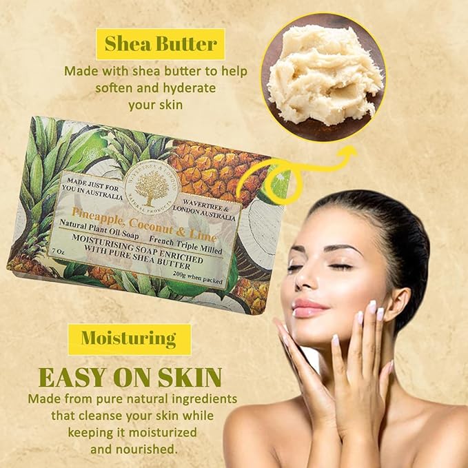 Wavertree & London Pineapple, Coconut & Lime Scented Natural Soap (2 Bars), 7oz Moisturizing French Triple Milled Soap Bars enriched with shea butter - Pure Plant Oil Bath & Body Soap Bars