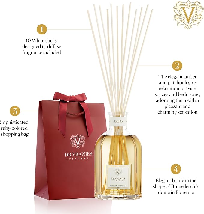 Dr. Vranjes - Ambra 250 ml Reed Diffuser + Elegant Shopping Bag, Luxury Home Fragrance, Made in Italy, Amber, Patchouli, Sandalwood