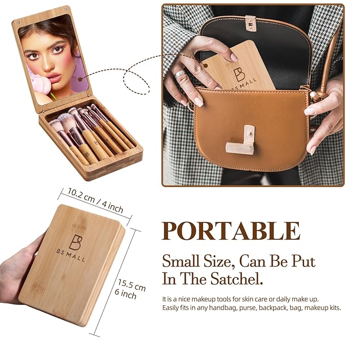 BS-MALL Travel Makeup Brush Set Kabuki Brushes Bamboo- Includes Eyeshadow Blush Brush & Foundation Brush For Liquid Makeup - 5X Magnifier Bamboo Mirror Case For Travel or On the Car Daily Use