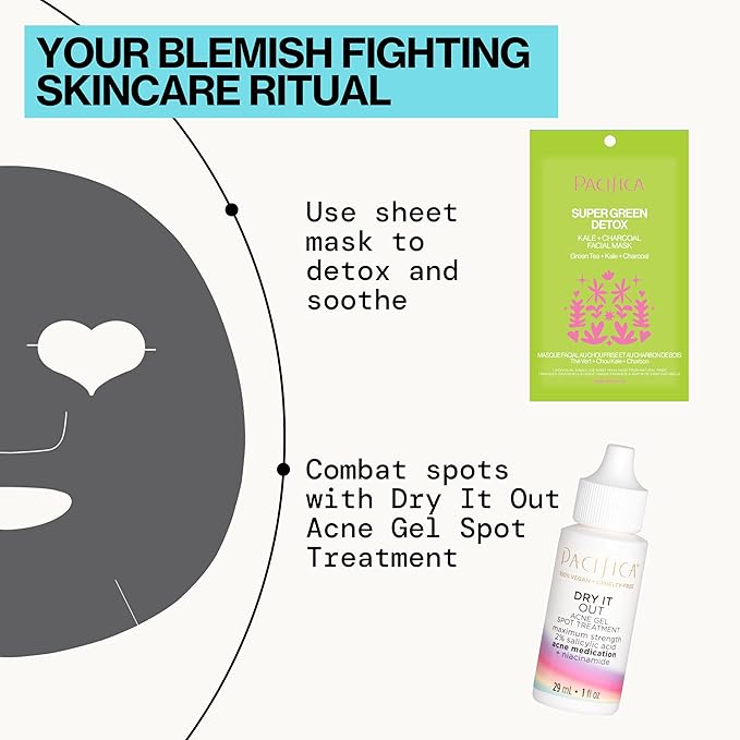 Pacifica Super Green Detox Sheet Mask – 12-PACK Charcoal, Kale & Clay Pore Cleansing Mask for Oily, Blemish-Prone Skin, Deep Detox Facial Mask, Vegan