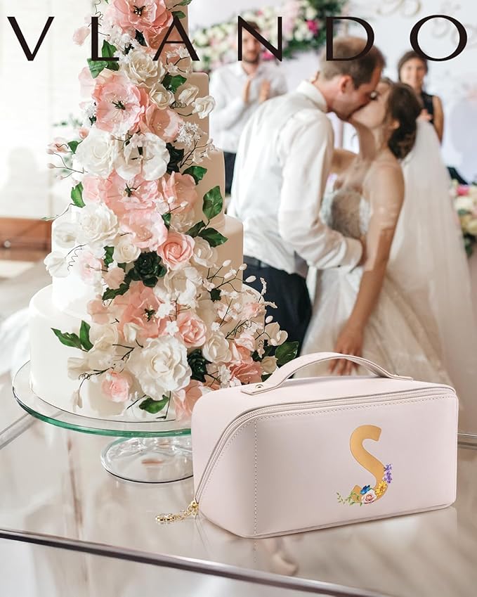 Vlando Bridesmaid Gifts for Wedding Day,Makeup Travel Bag, Gift Ideas for Women,Traveler,Maid Of Honor Personalized Bachelorette Party Gifts Birthday Gifts for Women Female(Letter S)