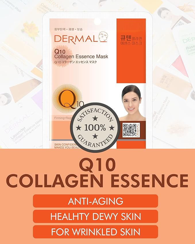 DERMAL Q10 Collagen Essence Facial Mask Sheet 23g Pack of 10 - Coenzyme Q10, Anti Wrinkle and Anti Aging, Skin Elasticity, Daily Skin Treatment Solution Sheet Mask