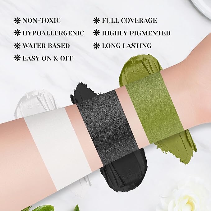 Black White Ogre Green Face Body Paint Stick Set with Translucent Setting Powder and Sponges, Professional Full Coverage Face Painting for Adults Halloween Cosplay SFX Skull Witch Hulk Makeup